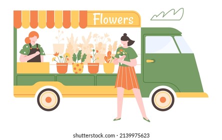 Flowers stall, floral market truck, street shop.  market outdoor to sale plant, fair retail floral, bouquet stall illustration - Powered by Shutterstock