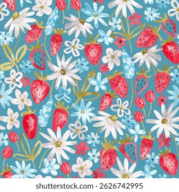 Flowers and strawberry seamless pattern. Abstract summer garden repeat tile hand drawn with watercolor. Childish floral design. Bright summer seamless tile for wallpaper, textile, fabric, packaging
