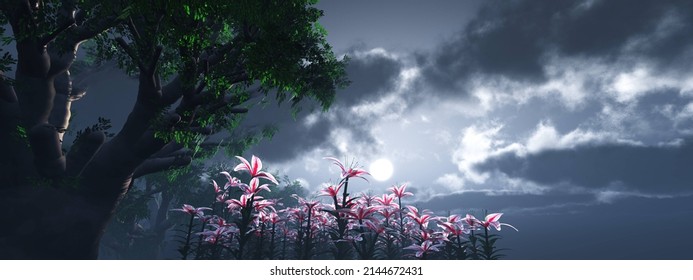 Flowers Under A Tree At Sunrise, Night Flowers Under The Moon, A Flower Meadow Against A Stormy Sky, 3d Rendering