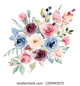 Flowers Watercolor Clip Art Pink Burgundy Stock Illustration 1339493273 ...