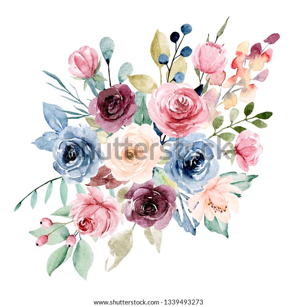 Flowers Watercolor Clip Art Pink Burgundy Stock Illustration 1339493273
