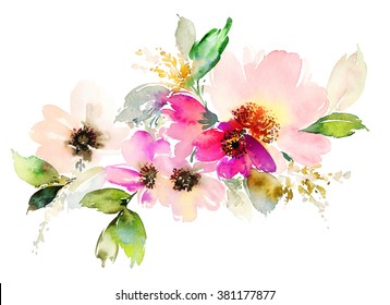 Flowers watercolor illustration. Manual composition. Mother's Day, wedding, birthday, Easter, Valentine's Day. Pastel colors. Spring. Summer.