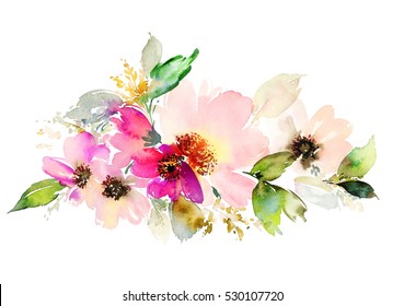 Flowers Watercolor Illustration. Manual Composition. Pastel Colors. Spring. Summer.
