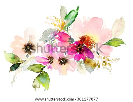 Flowers watercolor illustration. Manual composition. Mother's Day, wedding, birthday, Easter, Valentine's Day. Pastel colors. Spring. Summer.