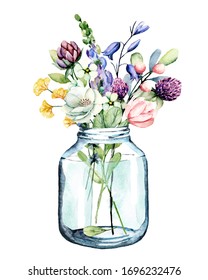 Flowers watercolor painting, glass jar with wildflowers and leaf, floral clip art for greeting card, invitation, poster, wedding decoration and other printing images. Illustration isolated on white.