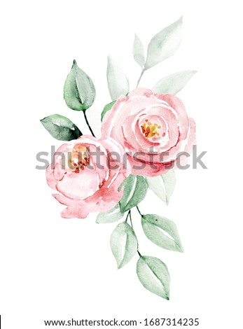 Flowers watercolor painting, pink roses bouquet for greeting card, invitation, poster, wedding decoration and other printing images. Illustration isolated on white.