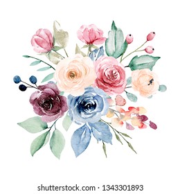 Flowers Watercolor Clip Art Pink Burgundy Stock Illustration 1339493273 ...