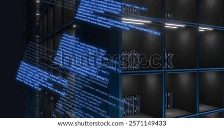 Flowing code image over server racks in data center. Technology, servers, networking, infrastructure, cybersecurity, information
