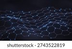 Flowing hexagonal mesh with glowing blue nodes and connections, representing digital networks, data flow, blockchain, and advanced technology concepts. 3D render