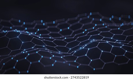 Flowing hexagonal mesh with glowing blue nodes and connections, representing digital networks, data flow, blockchain, and advanced technology concepts. 3D render
