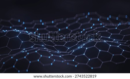 Flowing hexagonal mesh with glowing blue nodes and connections, representing digital networks, data flow, blockchain, and advanced technology concepts. 3D render