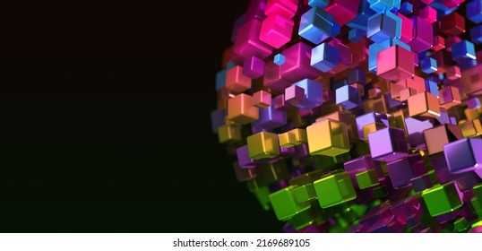 Flowing Momentum Of Data Intelligence. Big Data And Ai Core Data Concept Image. The Colorful Spectrum Of Metallic Blocks Coming Together. Shallow Depth Of Field. 3D Illustration, 3D Rendering.