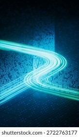 Flowing neon lines with binary data background, 3d rendering. 3D illustration.