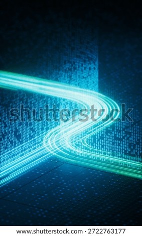 Flowing neon lines with binary data background, 3d rendering. 3D illustration.