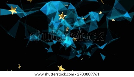 Flowing translucent blue polygonal mesh forming 3D ribbon in black void, with golden stars. Abstract, digital, cosmic, nebula, faceted, lattice, luminous