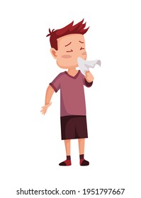 Flu Cold. Flu Or Common Cold Treatment At Home. Young Man With Handkerchief In Hand. Season Allergy. Allergy Sick Or Flu Concept