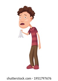 Flu Cold. Flu Or Common Cold Treatment At Home. Man With Handkerchief In Hand. Season Allergy. Allergy Sick Or Flu Concept