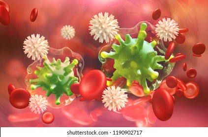 Flu and common cold. Leukocytes attack the virus. Immunity of the body. 3D illustration germs and blood cells