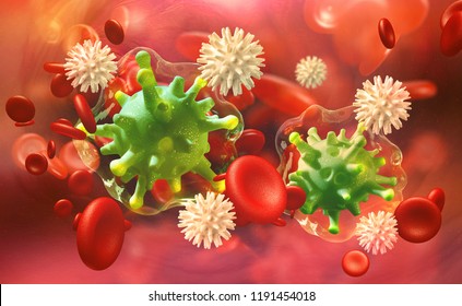 Flu and common cold. Leukocytes attack the virus. Immunity of the body. 3D illustration germs and blood cells