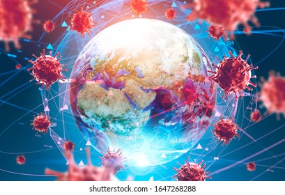 Коронавирус гриппа ncov на фоне Земли и его размытая голограмма. Концепция поиска лекарств и распространения болезней. 3D-рендеринг тонированного изображения. Элементы этого изображения, предоставленного NASA