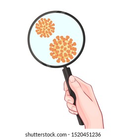 Flu Virus With Hand Holding A Magnifying Glass