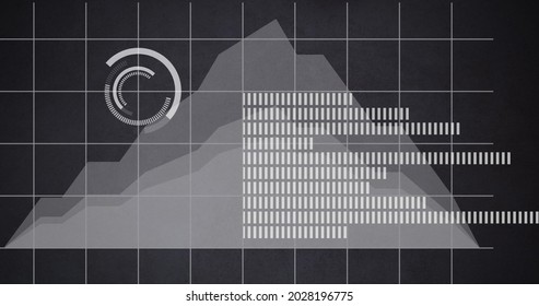 A Fluctuating Monochromatic Stacked Area Chart And Graph In The Middle, Circle Graph On The Upper Left, And Square Grid In The Background