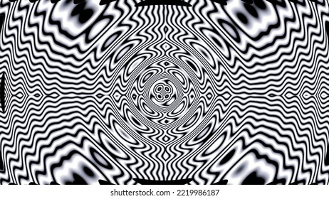 Fluctuating White Black Waves From Central Changing Hypnotic Circle On Creative Abstract Background With 3D Rendering Illustration For Energy, Frequency And Physics Concepts