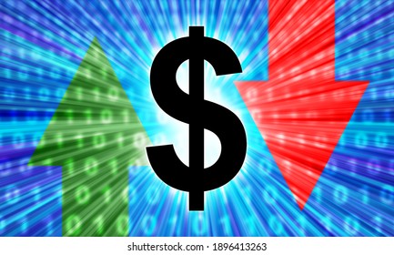 Fluctuations In The Dollar Exchange Rate. The US Currency Symbol Next To The Up And Down Arrows. Changes In The Exchange Rate Of The US Dollar. World Currencies. Currency Exchange Rate Volatility.