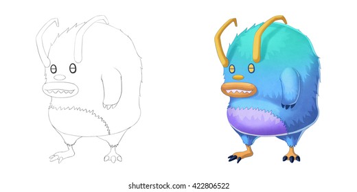 Fluffy Alien And Big Foot Creature. Coloring Book, Outline Sketch, Monster Mascot Character Design Isolated On White Background
