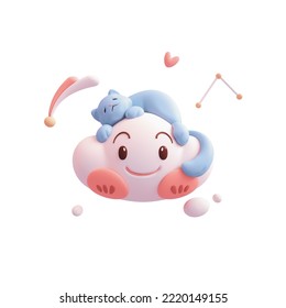 Fluffy blue cartoon cat sleeps lying on cloud floats in air space with bubbles stars heart shape. Happy kawaii cloud with smiling face eyes red cheeks. I Love You. 3d render isolated on white backdrop - Powered by Shutterstock