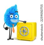 Fluffy businessman protecting his savings in a safe. 3d illustration. Cartoon character.