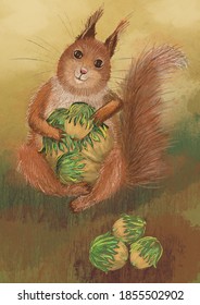 A fluffy cute smiling squirrel is sitting on a grass and holding nuts