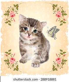 Fluffy kitten with roses and butterfly.  Vintage postcard.  Imitation of watercolor painting.