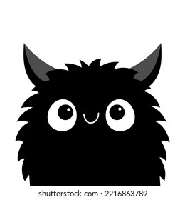 Fluffy Monster Black Head Face Silhouette. Happy Halloween. Cute Funny Kawaii Cartoon Baby Character. Eyes, Teeth, Horn Ears. Smiling Face. Sticker Print. Boo. Flat Design. White Background