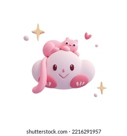 Fluffy pink cartoon cat lies on cloud floats in air space with bubbles stars heart shape. Happy kawaii cloud with smiling face, eyes, nose, red cheeks. I Love You. 3d render isolated on white backdrop - Powered by Shutterstock