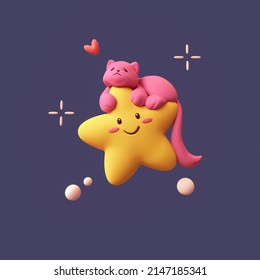 Fluffy pink cartoon cat sleeps lying on a yellow star floating in the night sky on a dark blue background with white bubbles, a red heart shape. Kawaii star with smiling face, eyes, cheeks. 3d render.