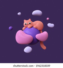 Fluffy red cartoon cat lies on blue planet floating in purple space with white pink clouds and stars. Cute magic night backdrop with flying bubbles. Sweet dream. 3d illustration in minimal art style.