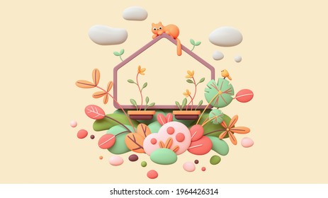 Fluffy Red Cat Lies On Balcony Enjoying Nature, Warm Spring Days. Floating Cute Magic Frame In Colorful Garden, Green Leaves Of Bushes, Flying Bubbles. 3d Render In Minimal Art Style On Beige Backdrop