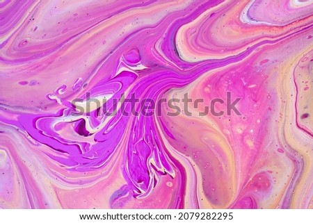 Fluid art painting. Abstract decorative marble texture. Background with liquid acrylic. Mixed paints for poster or wallpaper. Modern art. White, purple and golden colors.