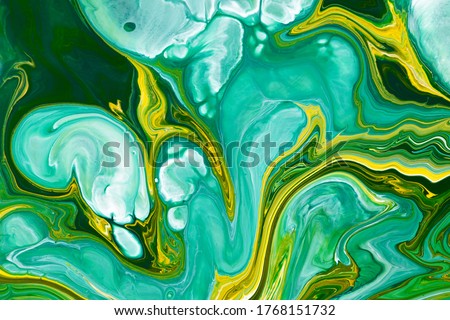Fluid art texture. Abstract backdrop with mixing paint effect. Liquid acrylic artwork with flows and splashes. Mixed paints for background or poster. Emerald, blue and yellow overflowing colors