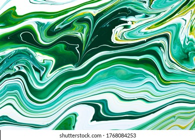 Fluid Art Texture. Abstract Background With Mixing Paint Effect. Liquid Acrylic Artwork With Beautiful Mixed Paints. Can Be Used For Interior Poster. Yellow, Emerald And White Overflowing Colors