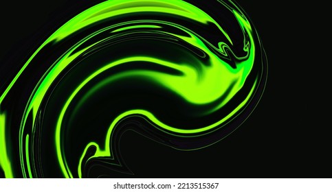 Fluid Neon Green Swirl Wave On Black Background. Abstract Liquid Line. Glitch Art Trippy Digital Screen. Celebration Backdrop. Banner. Template. Luxury Texture. AR. VR. Metaverse Card. Carbon Emission