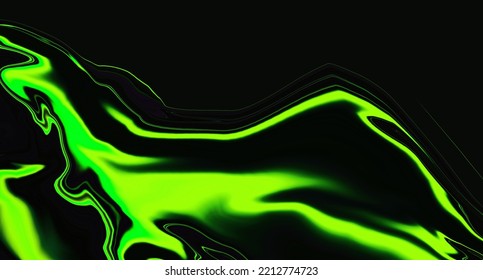 Fluid Neon Green Wave On Black Background. Abstract Liquid Line. Glitch Art Trippy Digital Screen. Celebration Backdrop. Royal Banner. Template. Luxury Texture. AR. VR. Metaverse Card. Carbon Emission