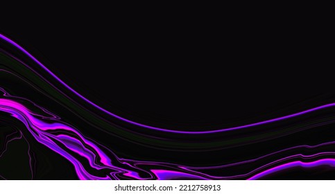 Fluid Neon Purple Pink Wave On Black Background. Abstract Liquid Line. Glitch Art Trippy Digital Screen. Celebration Backdrop. Royal Banner. Template. Luxury Texture. AR. VR. Metaverse Card. Violet.