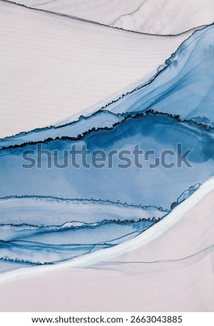 Fluid patterns of blue alcohol ink reveal tranquil waves on a soft white background