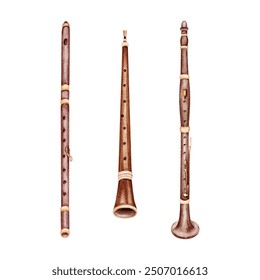 Flute, Oboe and Clarinet woodwind musical instruments set. Classical music collection. Hand drawn watercolor illustration isolated from the background. Symphony orchestra wind section. For card design - Powered by Shutterstock