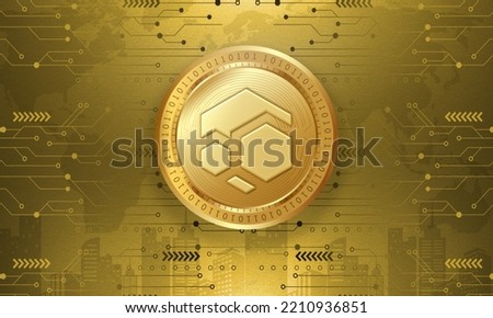 Flux FLUX Cryptocurrency tech based on decentralized finance, virtual cash, and web 3 technology concept banner and background illustration. 3D golden coin with crypto logo and symbol