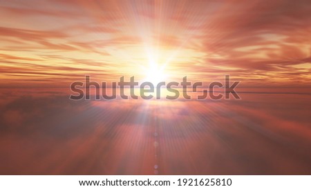 fly above clouds sunset landscape, 3d render illustration