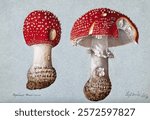 The fly agaric fungus (Amanita muscaria): two fruiting bodies. Watercolour, 1892. Vintage fungi drawing illustration painting. Vintage mushroom illustration painting. Mushroom artwork.