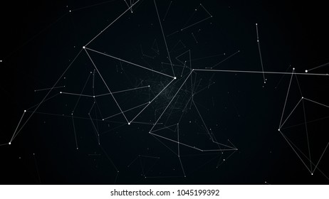 fly during network connections between nodes - dots, illustration flight in geometric abstraction with dots lines and triangles